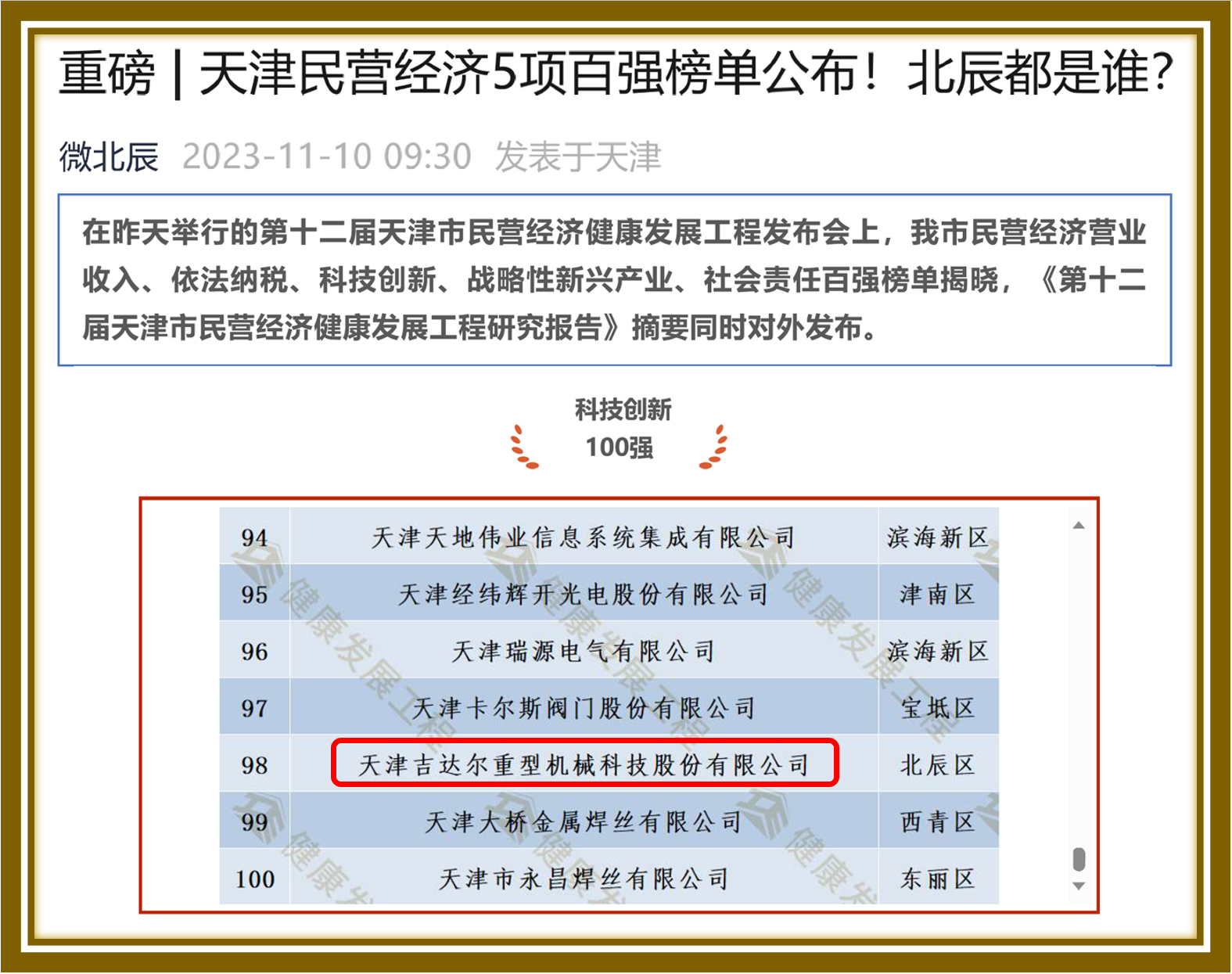 天津民营经济科技创新100强